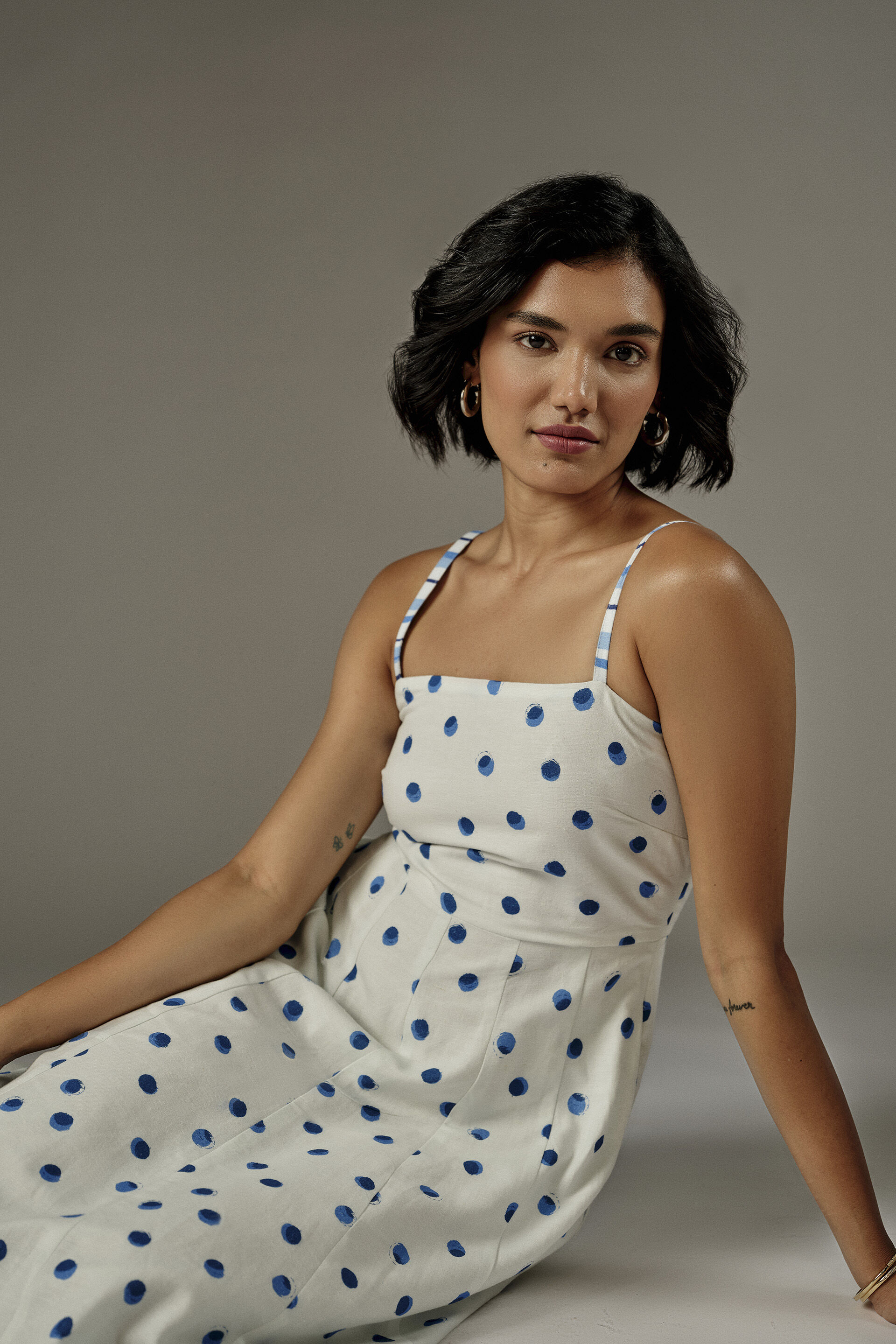 Polka Dot A-line Midi Dress in White, White, image 2